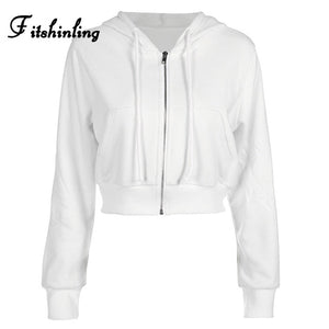 Fitshinling Zip-up autumn winter women hoodies pockets slim crop jacket female clothes drawstring white sexy hoody cotton coats