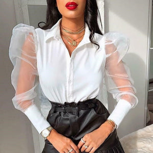 New Womens Fashion Blouse Perspective Bubble Sleeve V Neck Button Elegant Blouses Tops Ladies Shirts Blusas Black White