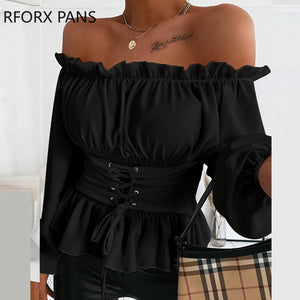 Off Shoulder Lace-up Front Ruffles Casual  Blouse Plus Size Tops Spring Tops and Blouses