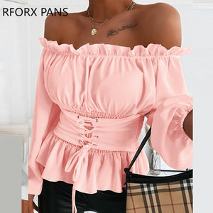 Off Shoulder Lace-up Front Ruffles Casual  Blouse Plus Size Tops Spring Tops and Blouses