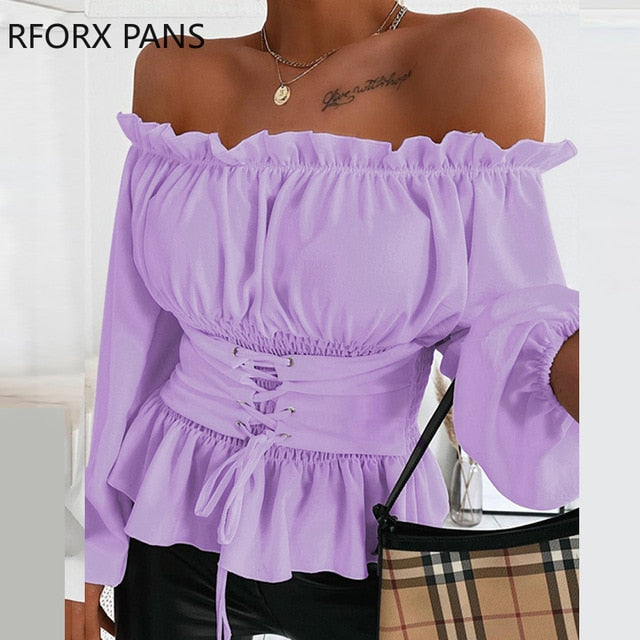 Off Shoulder Lace-up Front Ruffles Casual  Blouse Plus Size Tops Spring Tops and Blouses