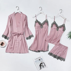 4PCS Satin Sleepwear Lady Pajamas Suit Nighty&Robe Suit Sexy Intimate Lingerie Casual Bridal Wedding Gift Homewear Nightgown