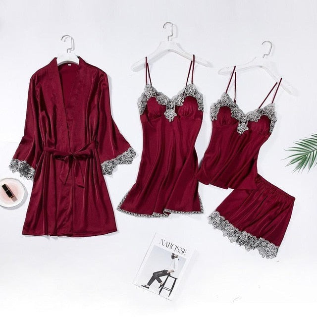 4PCS Satin Sleepwear Lady Pajamas Suit Nighty&Robe Suit Sexy Intimate Lingerie Casual Bridal Wedding Gift Homewear Nightgown