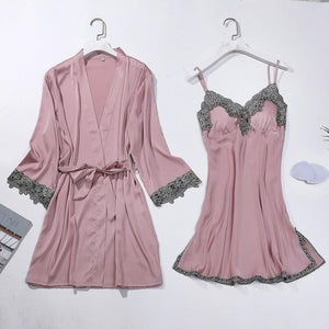 4PCS Satin Sleepwear Lady Pajamas Suit Nighty&Robe Suit Sexy Intimate Lingerie Casual Bridal Wedding Gift Homewear Nightgown