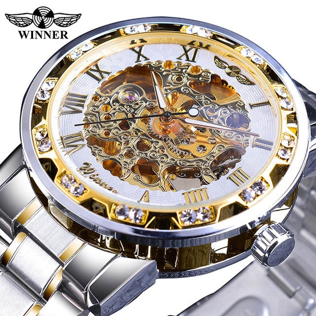 Winner Golden Watches Classic Rhinestone Clock Roman Analog Male Skeleton Clocks Mechanical Stainless Steel Band Luminous Watch