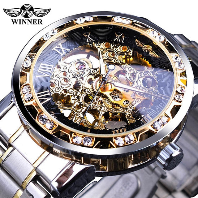 Winner Golden Watches Classic Rhinestone Clock Roman Analog Male Skeleton Clocks Mechanical Stainless Steel Band Luminous Watch