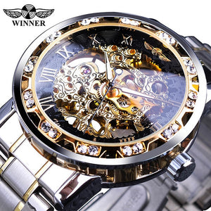 Winner Golden Watches Classic Rhinestone Clock Roman Analog Male Skeleton Clocks Mechanical Stainless Steel Band Luminous Watch