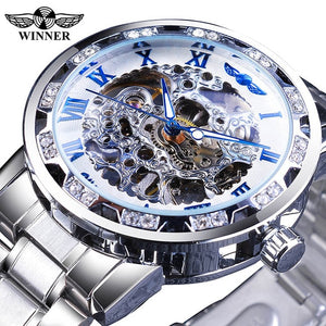 Winner Golden Watches Classic Rhinestone Clock Roman Analog Male Skeleton Clocks Mechanical Stainless Steel Band Luminous Watch