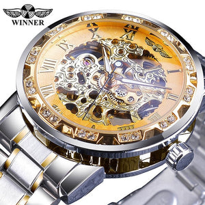 Winner Golden Watches Classic Rhinestone Clock Roman Analog Male Skeleton Clocks Mechanical Stainless Steel Band Luminous Watch