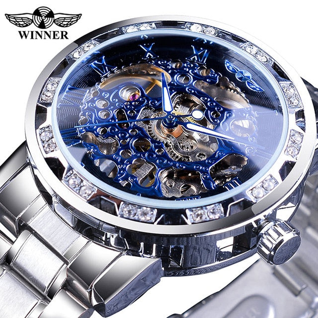 Winner Golden Watches Classic Rhinestone Clock Roman Analog Male Skeleton Clocks Mechanical Stainless Steel Band Luminous Watch