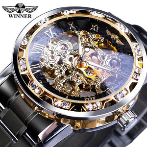 Winner Golden Watches Classic Rhinestone Clock Roman Analog Male Skeleton Clocks Mechanical Stainless Steel Band Luminous Watch