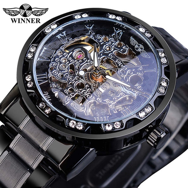 Winner Golden Watches Classic Rhinestone Clock Roman Analog Male Skeleton Clocks Mechanical Stainless Steel Band Luminous Watch