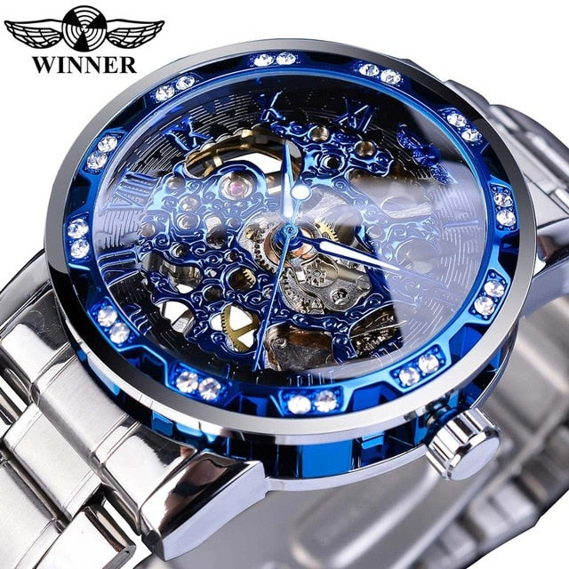 Winner Golden Watches Classic Rhinestone Clock Roman Analog Male Skeleton Clocks Mechanical Stainless Steel Band Luminous Watch