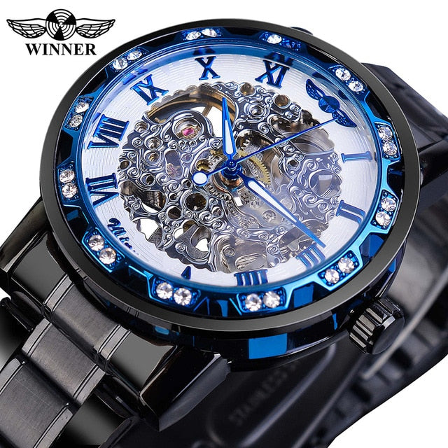 Winner Golden Watches Classic Rhinestone Clock Roman Analog Male Skeleton Clocks Mechanical Stainless Steel Band Luminous Watch