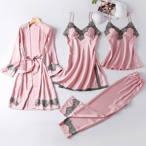 4PCS Satin Sleepwear Lady Pajamas Suit Nighty&Robe Suit Sexy Intimate Lingerie Casual Bridal Wedding Gift Homewear Nightgown