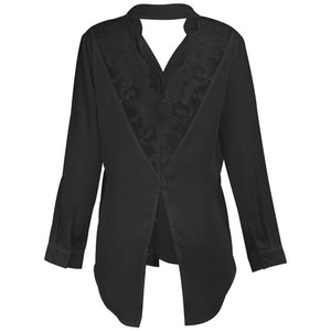 Fleur Wood Women Blouses Sexy Lace Backless Blouse Shirt Splice Lapel Womens Top And Blouses Solid Casual Female Office Shirt