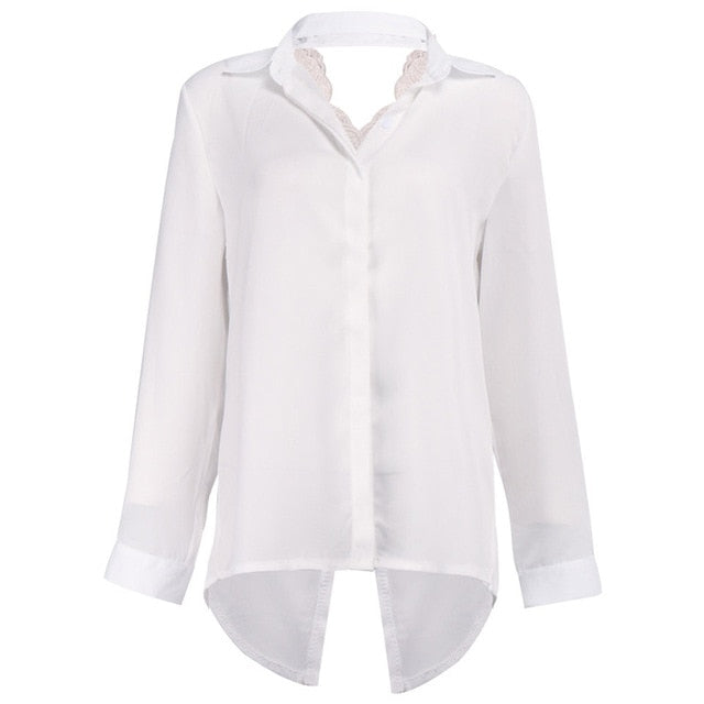 Fleur Wood Women Blouses Sexy Lace Backless Blouse Shirt Splice Lapel Womens Top And Blouses Solid Casual Female Office Shirt