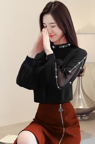 Chiffon Women Blouse Diamonds New 2020 Sexy Casual Hollow out Mesh korean Shirt Elegant Slim Stand Collar Women Tops blusa H34D