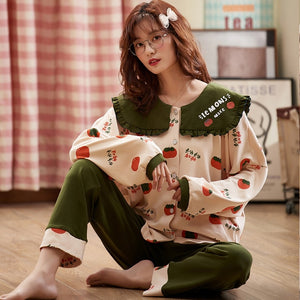 BZEL New Autumn Winter Sleepwear 2 Piece Sets For Women's Cotton Pajamas Turn-down Collar Homewear Large Size Pijama Pyjama XXXL