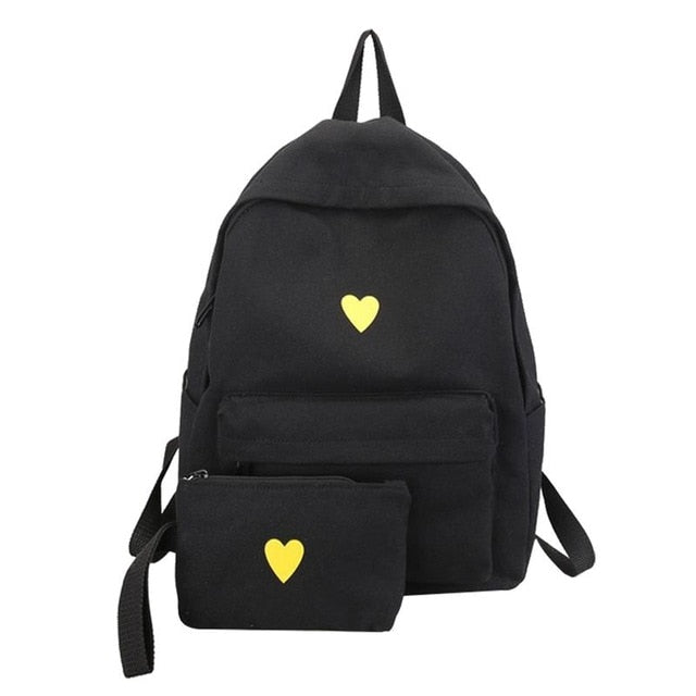 Canvas Backpack Simple Love Decor Backpack for Girl School Travel Trip Shopping teenagers school backpack (Black)