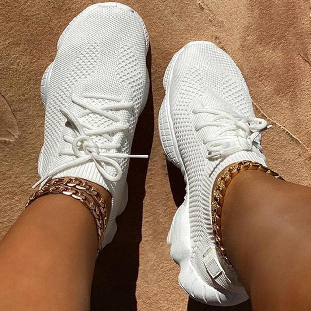 Air Mesh Women Sneaker Sock Shoes Summer Breathable Cross Tie Platform Round Toe Casual Fashion Sport Lace Up 2020 Female Girl