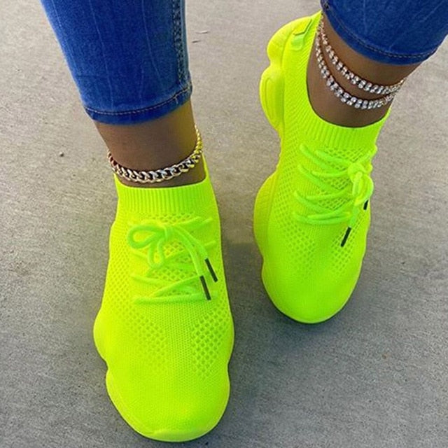 Air Mesh Women Sneaker Sock Shoes Summer Breathable Cross Tie Platform Round Toe Casual Fashion Sport Lace Up 2020 Female Girl