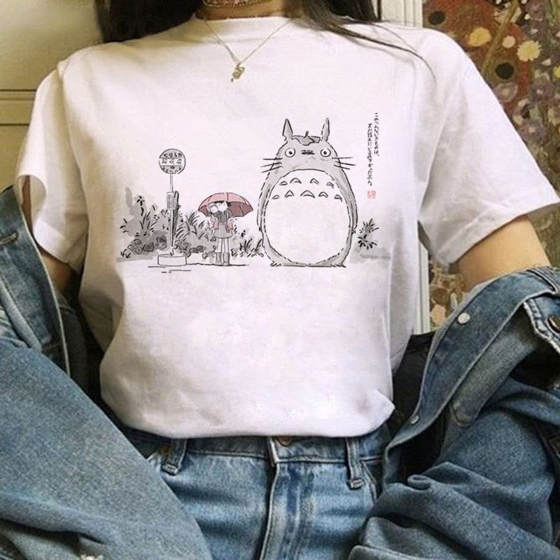 Funny Cartoon Cute T-shirt Totoro Anime Top Tee Oversized T-shirt Kawaii Harajuku T Shirt Ullzang Miyazaki Hayao Women Tshirts