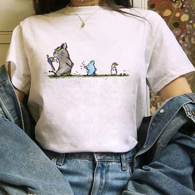 Funny Cartoon Cute T-shirt Totoro Anime Top Tee Oversized T-shirt Kawaii Harajuku T Shirt Ullzang Miyazaki Hayao Women Tshirts