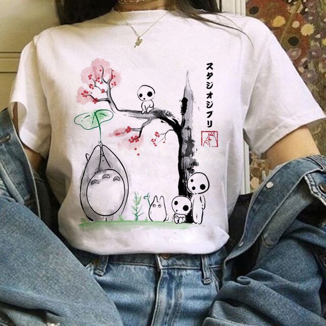 Funny Cartoon Cute T-shirt Totoro Anime Top Tee Oversized T-shirt Kawaii Harajuku T Shirt Ullzang Miyazaki Hayao Women Tshirts